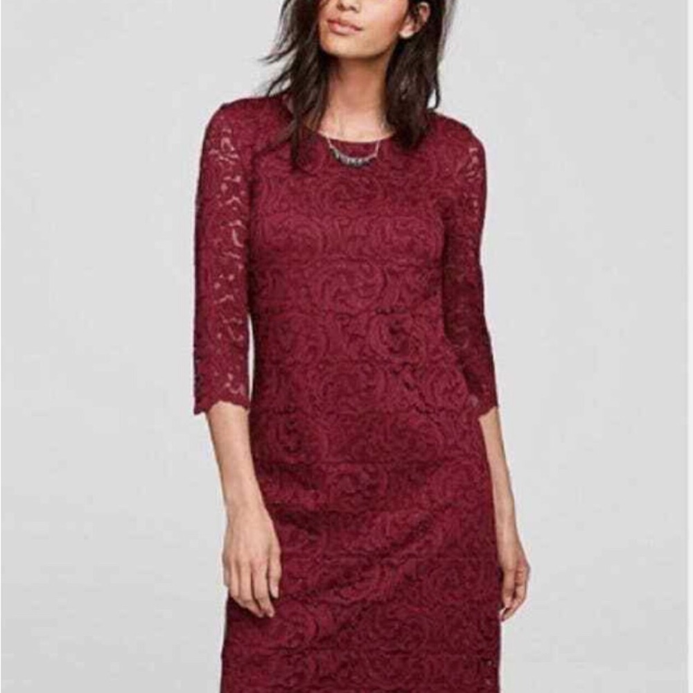 Garnet hill burgundy lace sheath dress‎ women’s size 10 3/4 length sleeve